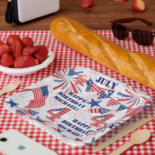 Personalisiere Name Juli Geburtstagsrot-blaue Flag Pappteller