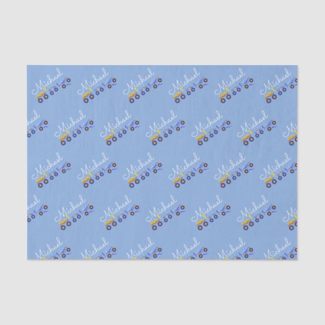 Personalisieren Baby Boy Name Truck Soft Blue Seidenpapier (Vorderseite)