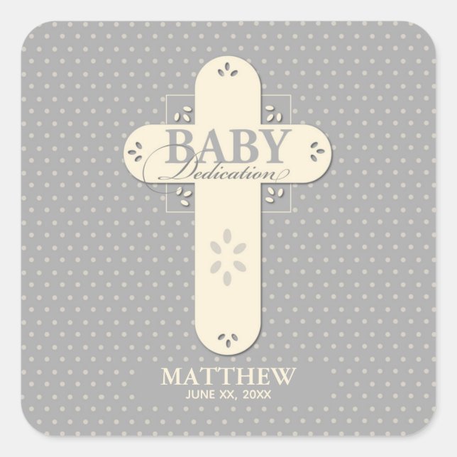 Personalisieren, Baby Dedication Cream & Gray Cros Quadratischer Aufkleber (Vorderseite)