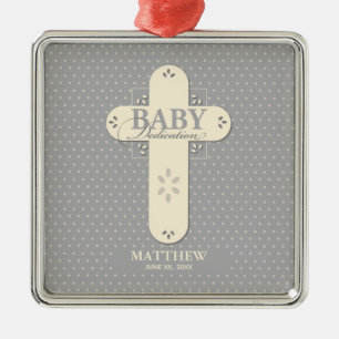 Personalisieren, Baby-Einsegnung Creme & Graues Kr Ornament Aus Metall