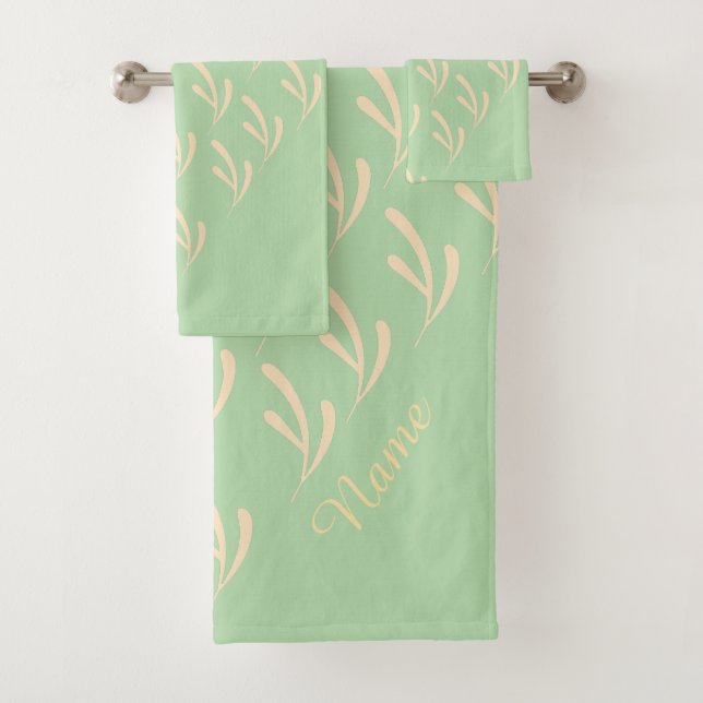 Personalisieren Beige Leaf Wiederholung Pastel Gre Badhandtuch Set (Insitu)