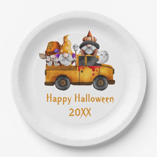 Personalisieren Halloween Gnomes Orange Truck Pappteller (Vorderseite)