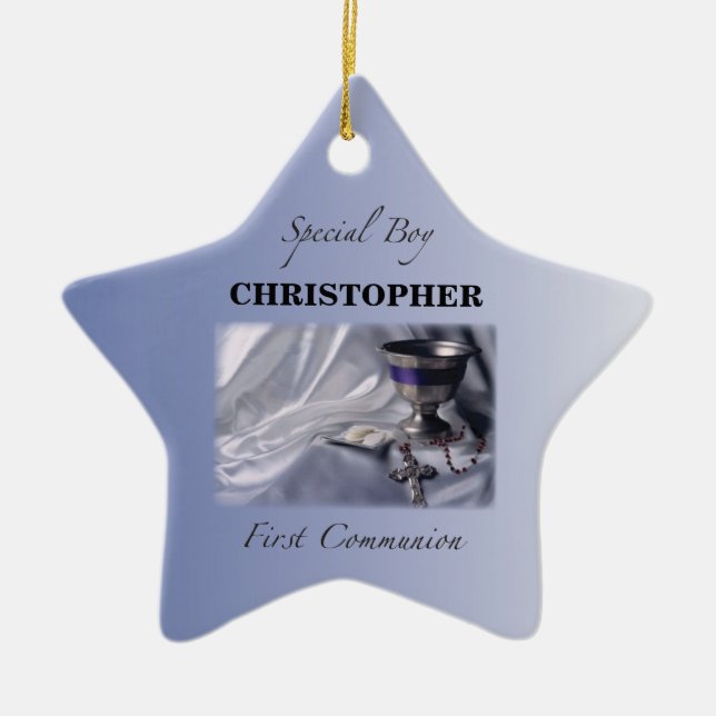 Personalisieren, Junge, Erste Kommunion Blau Keramikornament (Vorne)