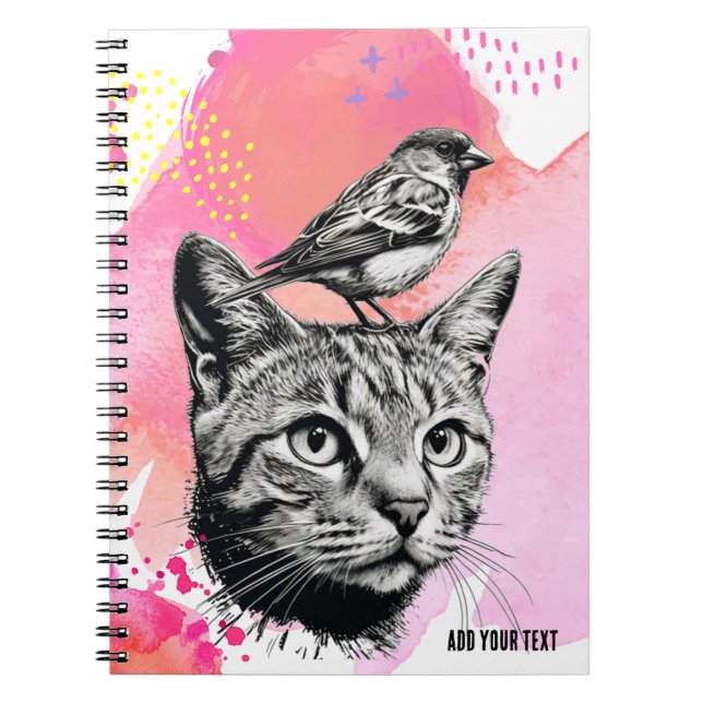 PERSONALISIEREN: Katze + Vögel | Notebook-Journal Notizblock (Vorderseite)