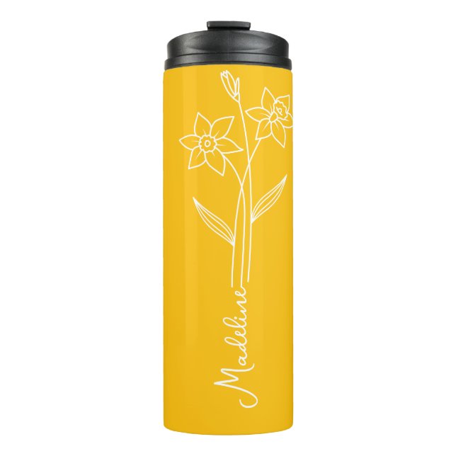 Personalisieren Name, März Birth Blume Gelb Thermosbecher (Vorderseite)