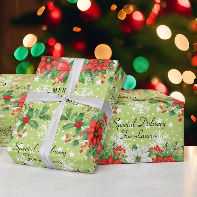 Personalisieren Name Weihnachten Poinsettia Schnee Geschenkpapier (Von Creator hochgeladen)