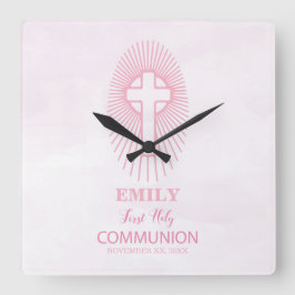 Personalisieren, Rosa Erste Heilige Kommune Cross  Quadratische Wanduhr