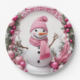 Personalisieren: Rosa Weihnachtsschneemann Pappteller