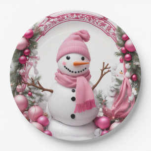 Personalisieren: Rosa Weihnachtsschneemann Pappteller