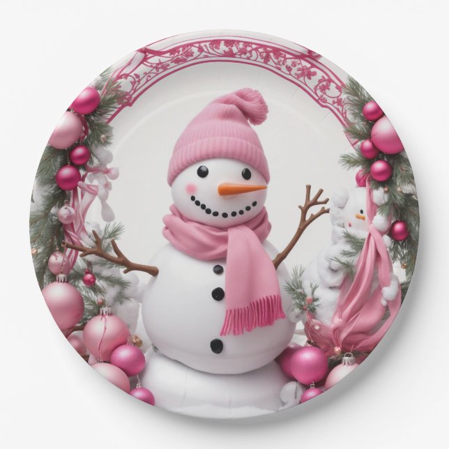 Personalisieren: Rosa Weihnachtsschneemann Pappteller (Vorderseite)