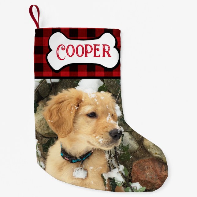 Personalisieren Rustikaler karierter Hundewelpen Kleiner Weihnachtsstrumpf (Vorderseite)