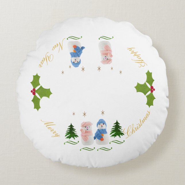 Personalisieren, Schneemann und Schnee Rundes Kissen (Vorderseite)