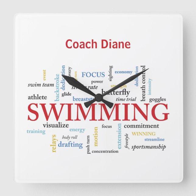 Personalisieren, Schwimmen Coach Danke in Worten Quadratische Wanduhr (Vorderseite)