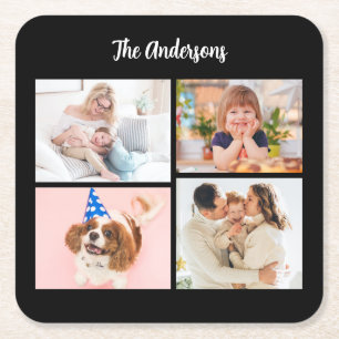 Personalisieren Sie 4 Familienfotos & Name auf Sch Rechteckiger Pappuntersetzer