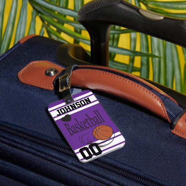Personalisieren Sie Basketball Lila und weiß Gepäckanhänger (Vorderseite Insitu 1)