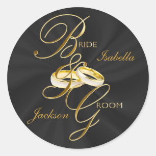 Personalisieren Sie Black Satin & Gold Hochzeitsri Runder Aufkleber