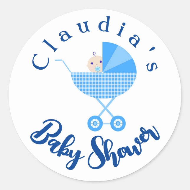 Personalisieren Sie Blue Carriage Baby Dusche Gefa Runder Aufkleber (Vorderseite)