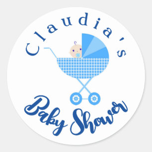 Personalisieren Sie Blue Carriage Baby Dusche Gefa Runder Aufkleber
