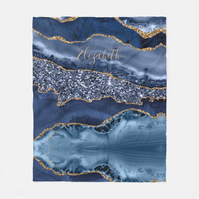 Personalisieren Sie Blue Gold Glitzer Agate Marble Fleecedecke (Vorderseite)