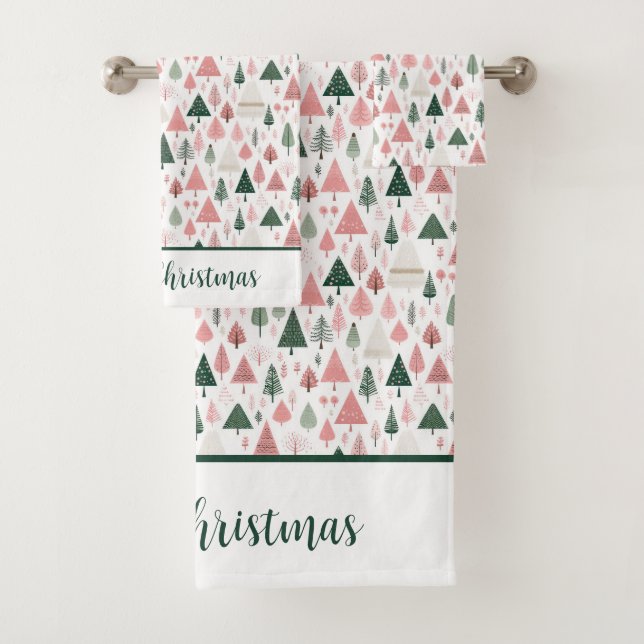 Personalisieren Sie Boho Pink Green Christmas Tree Badhandtuch Set (Insitu)