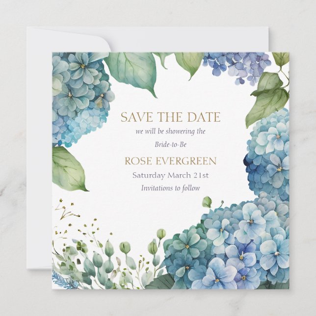 Personalisieren Sie Brautparty Blue Hydrangea Save The Date (Vorderseite)