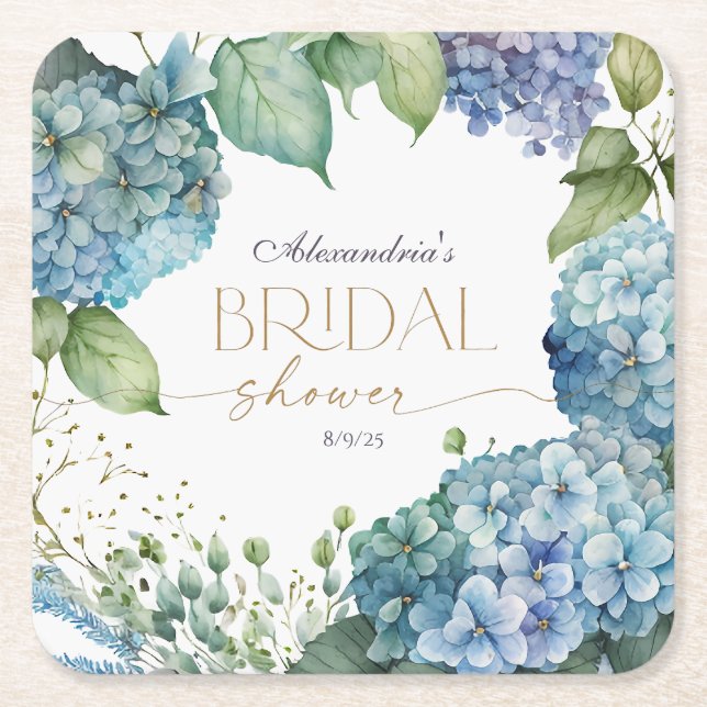 Personalisieren Sie Brautparty Blue Hydrangeas Rechteckiger Pappuntersetzer (Vorderseite)