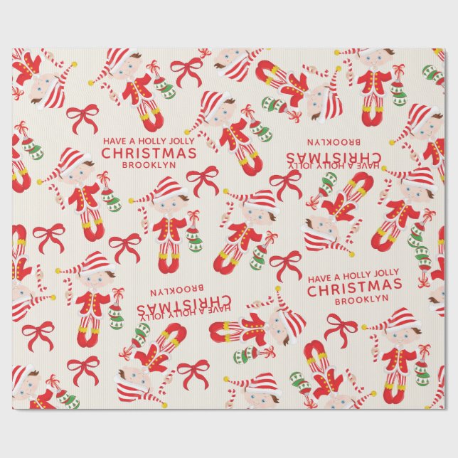 Personalisieren Sie Brünetten Boy Elf Geschenkpapier (Flach)