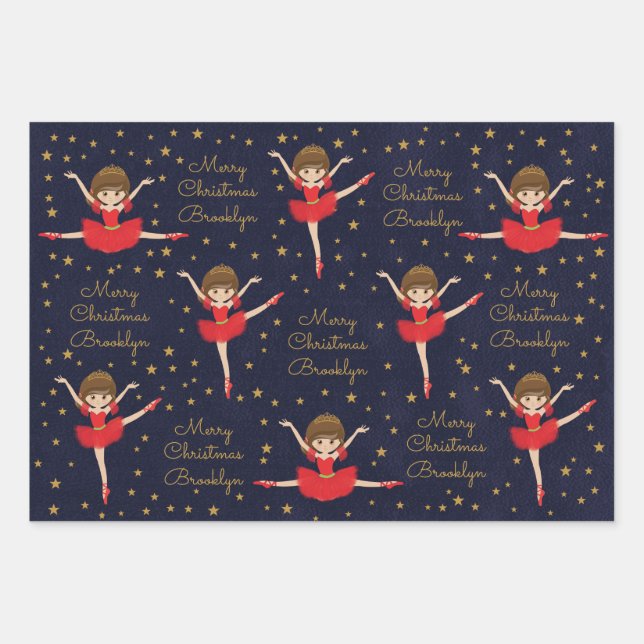Personalisieren Sie Brünetten Weihnachtsballerina Geschenkpapier Set (Vorderseite)