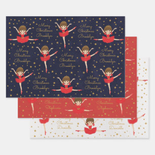 Personalisieren Sie Brünetten Weihnachtsballerina Geschenkpapier Set