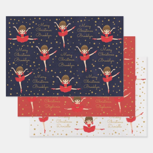 Personalisieren Sie Brünetten Weihnachtsballerina Geschenkpapier Set (Set)
