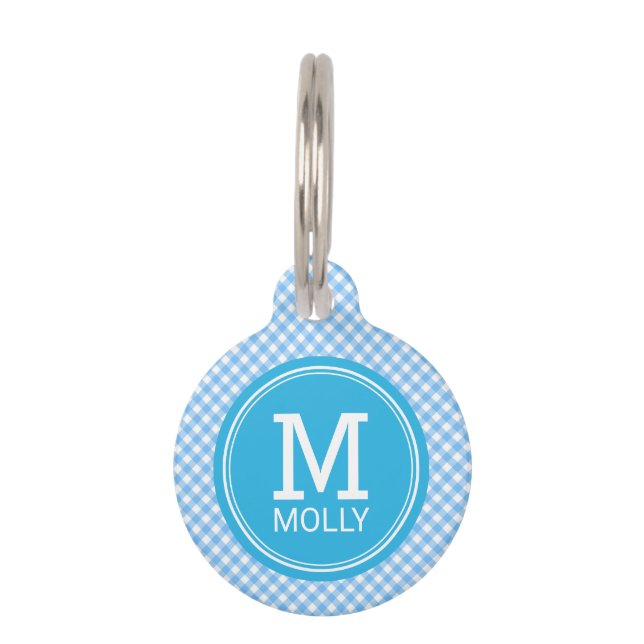 Personalisieren Sie Country Baby Blue Gingham Mono Haustiermarke (Vorderseite)