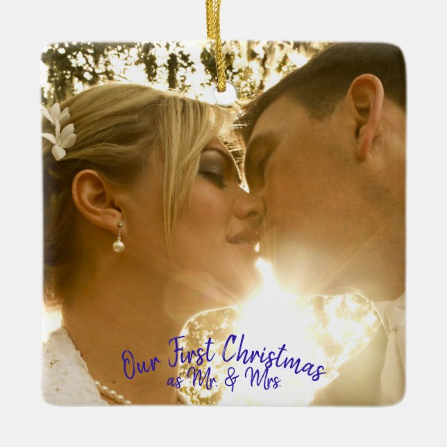 Personalisieren Sie das Wedding Foto Peacock Feath Keramikornament (Vorderseite)