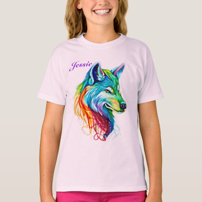 Personalisieren Sie den Namen farbenfrohe Wolf Gir T-Shirt (Vorderseite)