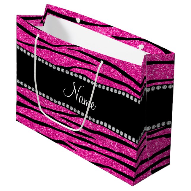 Personalisieren Sie den Namen Neon Hot Pink Glitze Große Geschenktüte (Vorderseite Schrägansicht)