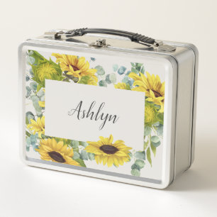 Personalisieren Sie den Namen Sunflower Script-Sch Metall Brotdose