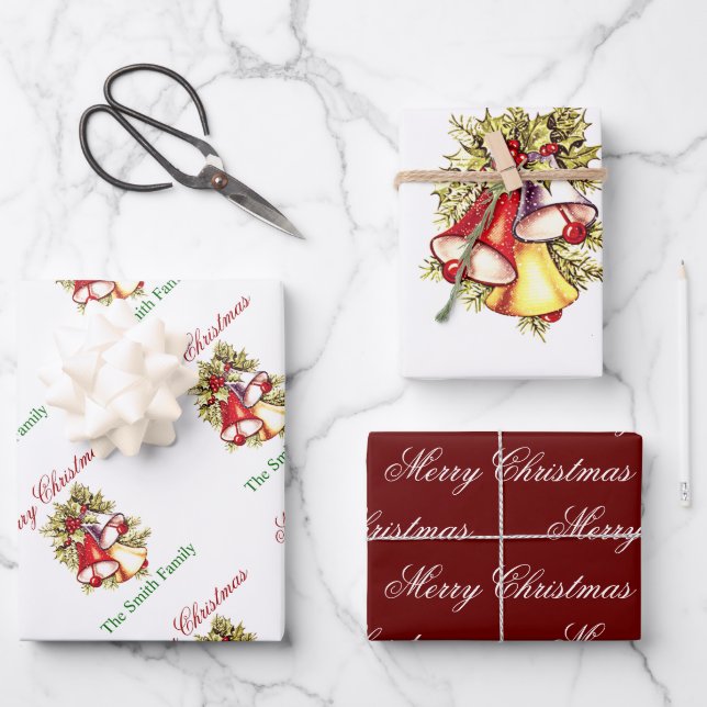 Personalisieren Sie den Namen Weihnachtsbaumglocke Geschenkpapier Set (Vorderseite)