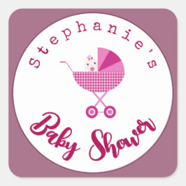 Personalisieren Sie die Pink Carriage Baby Dusche Quadratischer Aufkleber