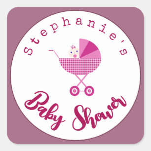 Personalisieren Sie die Pink Carriage Baby Dusche Quadratischer Aufkleber