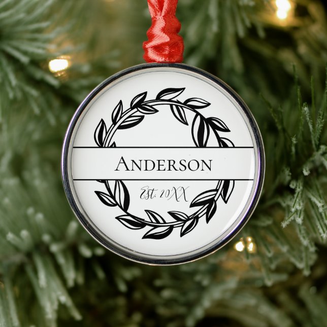 Personalisieren Sie Familienname Schwarz-weiß Leaf Ornament Aus Metall (Baum)