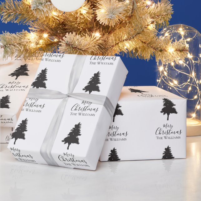 Personalisieren Sie Familiennamen White Black Chri Geschenkpapier (Feiertage)