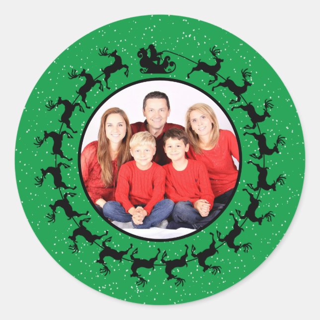 Personalisieren Sie FOTO Santa's Sleigh Weihnachte Runder Aufkleber (Vorderseite)