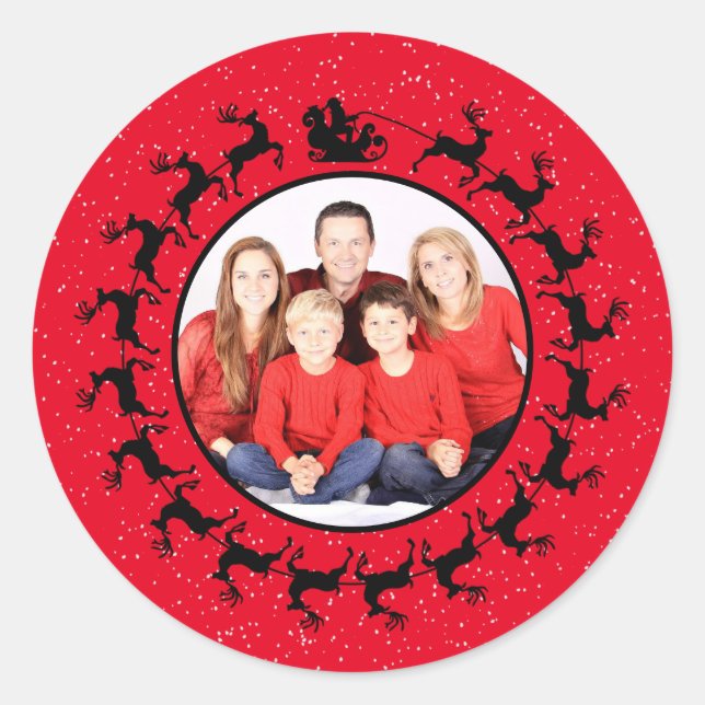 Personalisieren Sie FOTO Santa's Sleigh Weihnachte Runder Aufkleber (Vorderseite)