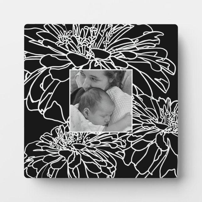 Personalisieren Sie Foto Schwarz-weiße Blumenlinie Fotoplatte (Vorderseite)