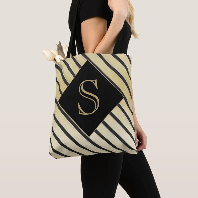 Personalisieren Sie Girly Monogram Chic Black Stri Tasche (Von Nahem)