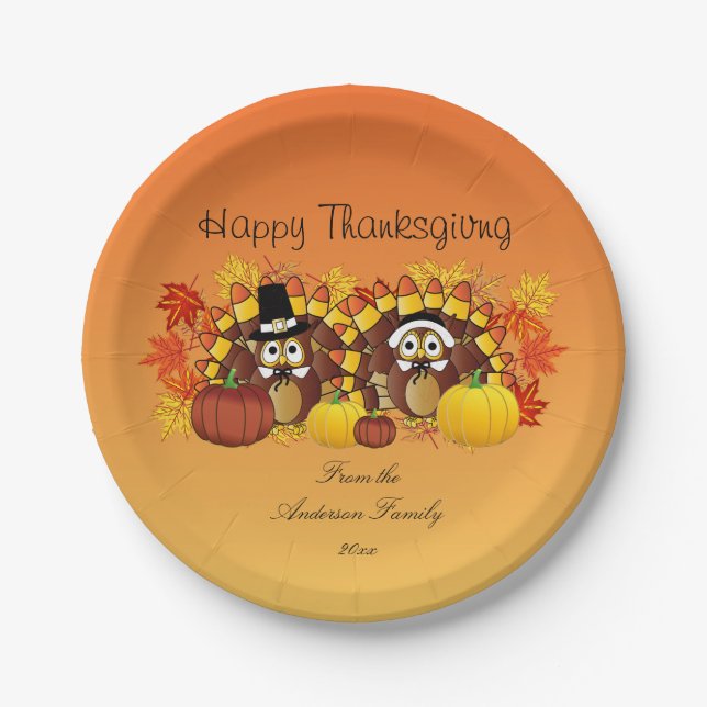 Personalisieren Sie glückliche Thanksgiving-Owl Tü Pappteller (Vorderseite)