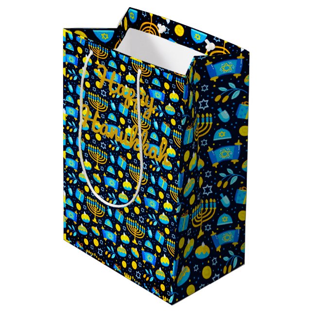 Personalisieren Sie HANUKKAH Blue Gold Geschenktas Mittlere Geschenktüte (Rückseite Schrägansicht)