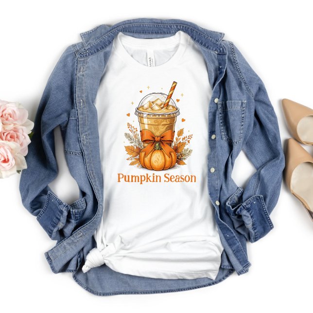 Personalisieren Sie Herbst Pumpkin-Ice-Kaffeelacke T-Shirt (Pumpkin Spice Latte Fall Autumn Personalized T-shirt Orange Coquette Bow)