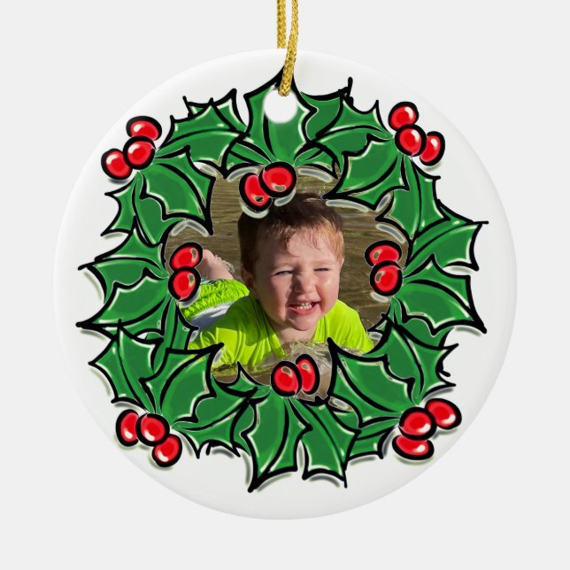 Personalisieren Sie Holly Blätter Beeren Weihnacht Keramik Ornament (Vorne)