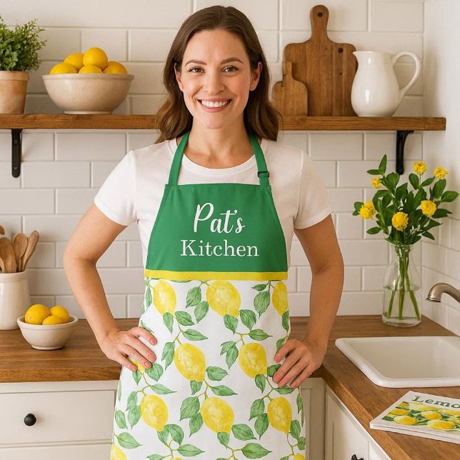 Personalisieren Sie Lemon Citrus mit grünen Blätte Schürze ( Fresh lemon-pattern apron with a customizable top—perfect for cooking, gifting, and everyday use)