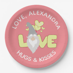 Personalisieren Sie Liebe Gnomen Herzgelb und grau Pappteller